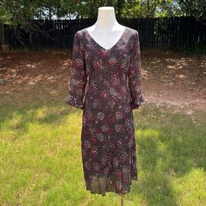 90s vintage La Belle black, red, white, tan polka dot sheer overlay midi dress 🍸